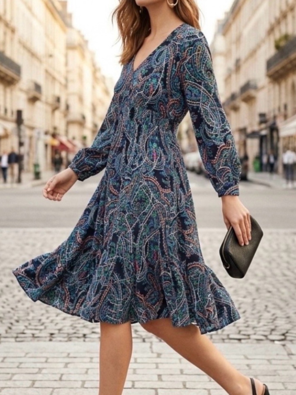 Maeve V-Neck Long Sleeve Navy Paisley Midi Vneck Dress Sz XXS